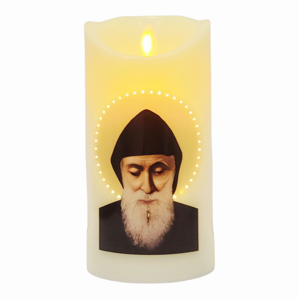 Catholic Saint Charbel LED Light Up Flameless Pillar Candle