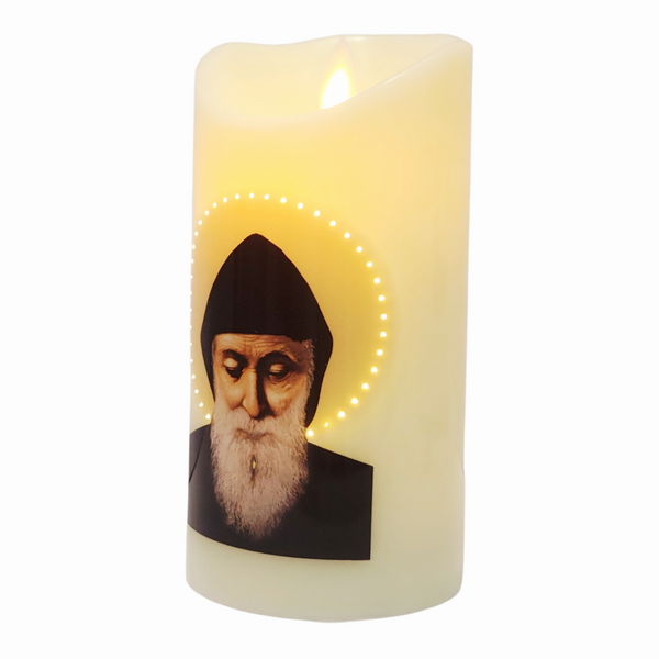 Catholic Saint Charbel LED Light Up Flameless Pillar Candle