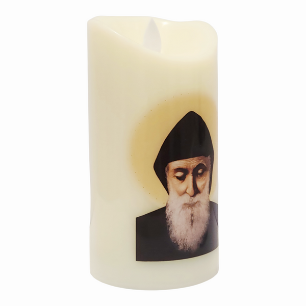 Catholic Saint Charbel LED Light Up Flameless Pillar Candle
