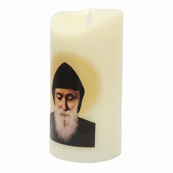 Catholic Saint Charbel LED Light Up Flameless Pillar Candle