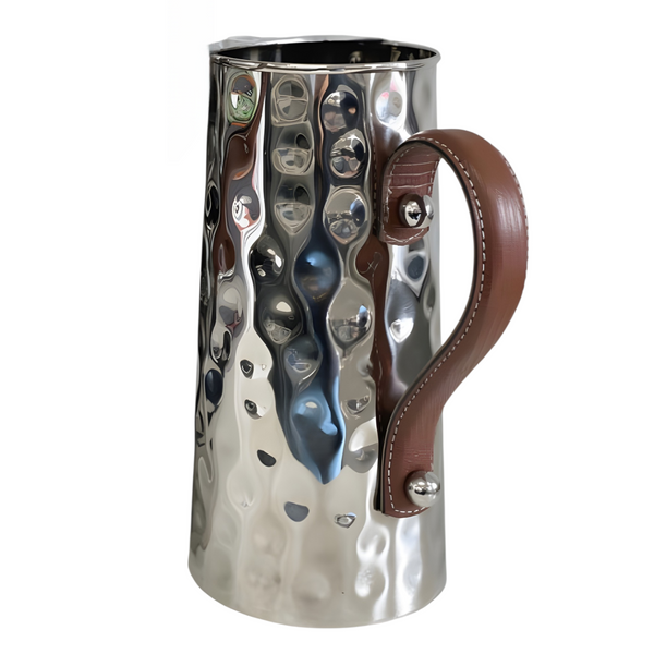 Silver Bolt Hammered Stainless Steel Water Jug Pitcher & Brown Leather Handle 2.25L 25cmH