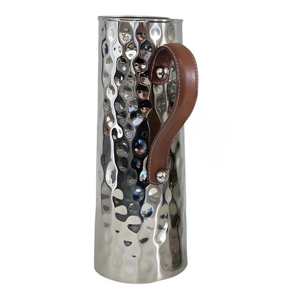 Large Silver Bolt Hammered Stainless Steel Water Jug Pitcher & Brown Leather Handle 2.5L 33cmH