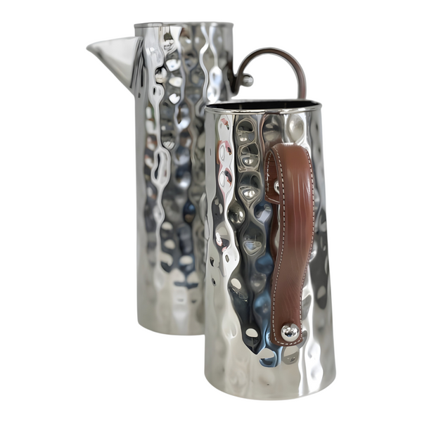Large Silver Bolt Hammered Stainless Steel Water Jug Pitcher & Brown Leather Handle 2.5L 33cmH