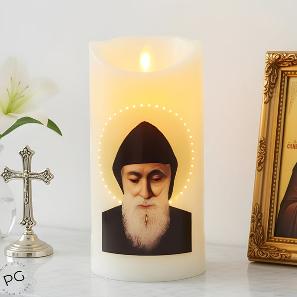 Catholic Saint Charbel LED Light Up Flameless Pillar Candle