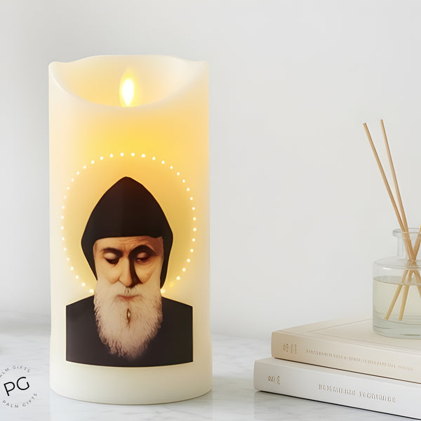 Catholic Saint Charbel LED Light Up Flameless Pillar Candle