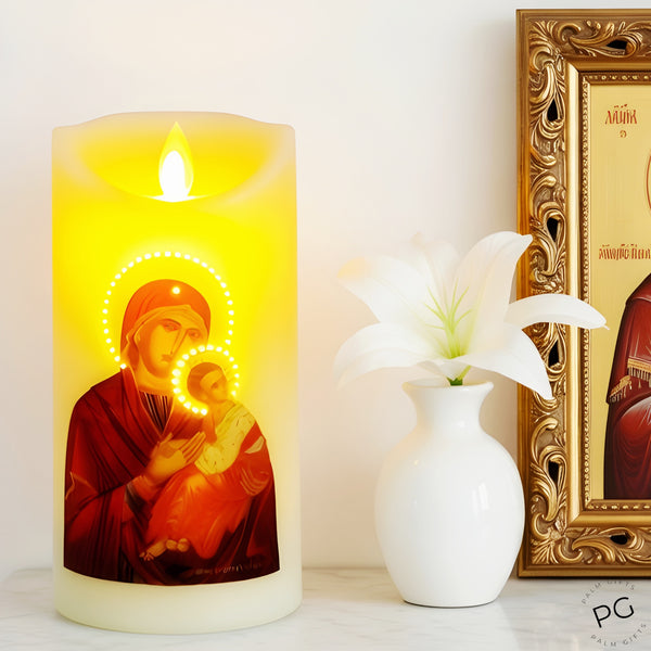 Orthodox Holy Mother Mary & Jesus LED Light Up Flameless Pillar Candle