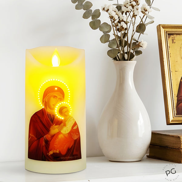 Orthodox Holy Mother Mary & Jesus LED Light Up Flameless Pillar Candle