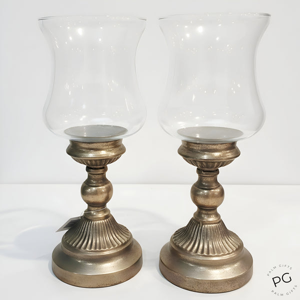 Set 2 Antique Gold & Glass Top Hurricane Pillar Candle Holders