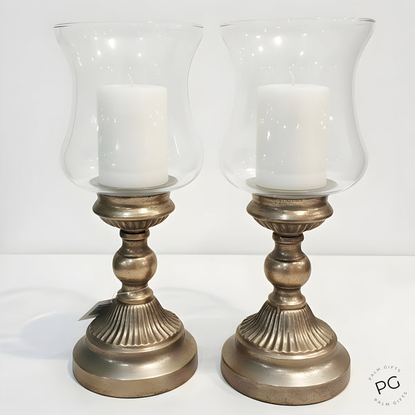 Set 2 Antique Gold & Glass Top Hurricane Pillar Candle Holders