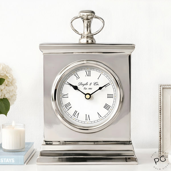 Shiny Silver Plated Rectangle Doyle & Co Mantel Clock with White Face