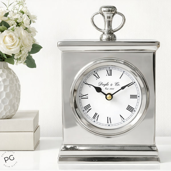 Shiny Silver Plated Rectangle Doyle & Co Mantel Clock with White Face
