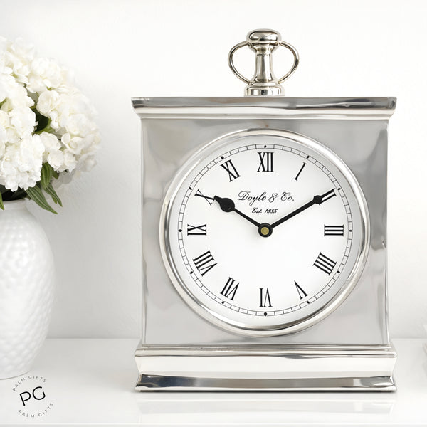 Large Shiny Silver Plated Rectangle Doyle & Co Mantel Clock with White Face