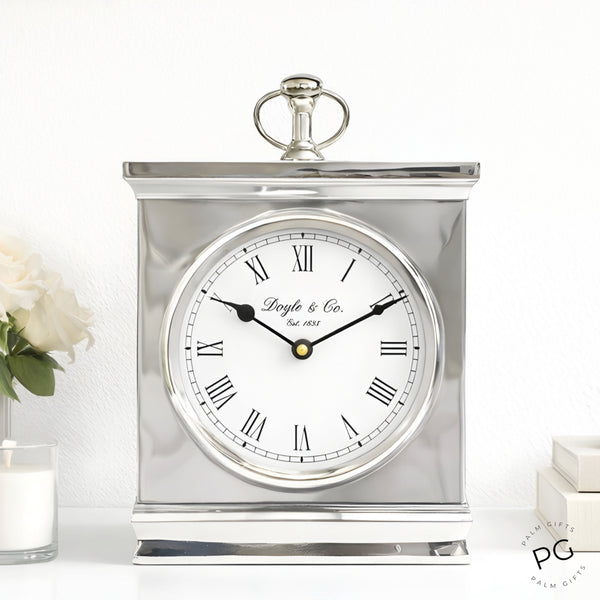 Large Shiny Silver Plated Rectangle Doyle & Co Mantel Clock with White Face