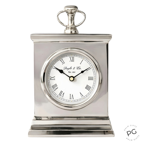 Shiny Silver Plated Rectangle Doyle & Co Mantel Clock with White Face