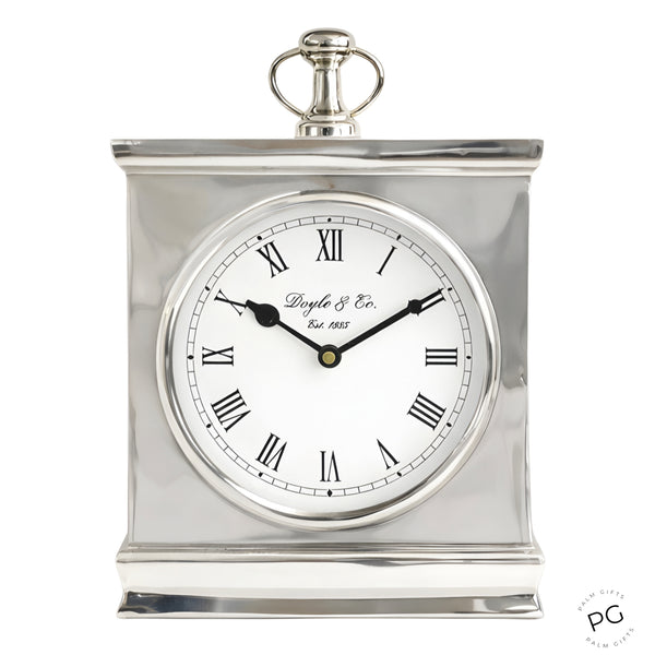 Large Shiny Silver Plated Rectangle Doyle & Co Mantel Clock with White Face
