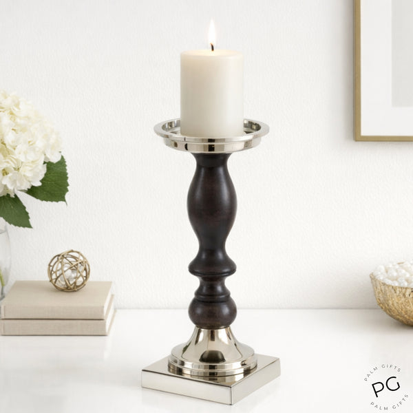 Black Wood & Silver Plated Top with Square Metal Base Pillar Candle Holder Stand