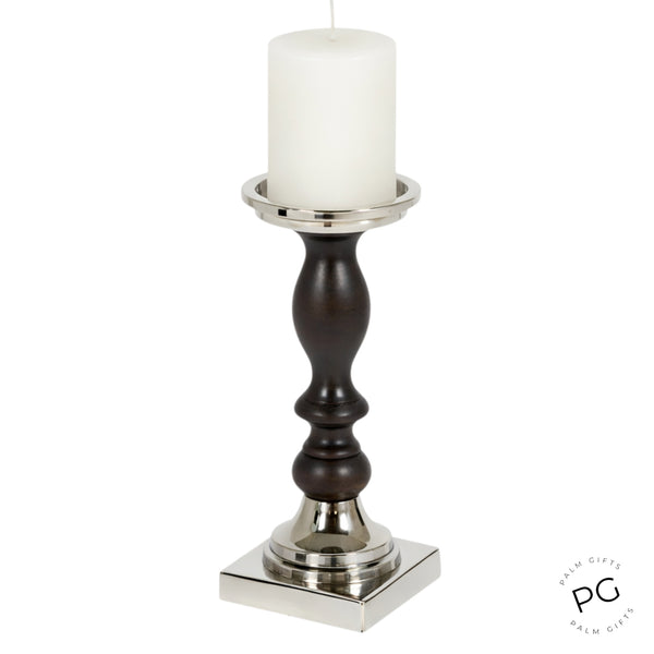 Black Wood & Silver Plated Top with Square Metal Base Pillar Candle Holder Stand