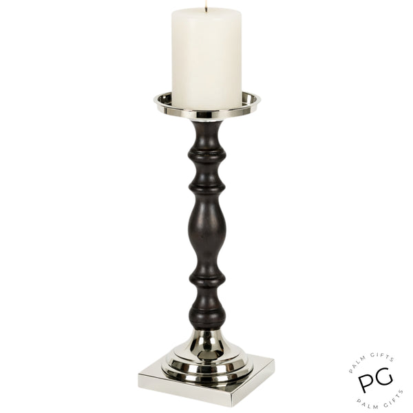 Large Black Wood & Silver Plated Top with Square Metal Base Pillar Candle Holder Stand