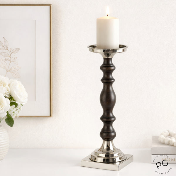 Large Black Wood & Silver Plated Top with Square Metal Base Pillar Candle Holder Stand