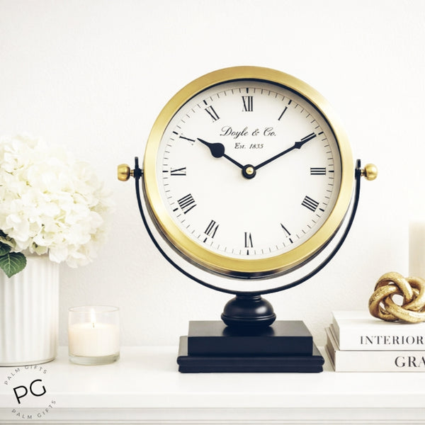 Gold Plated Round Doyle & Co Mantel Clock On Black Stand