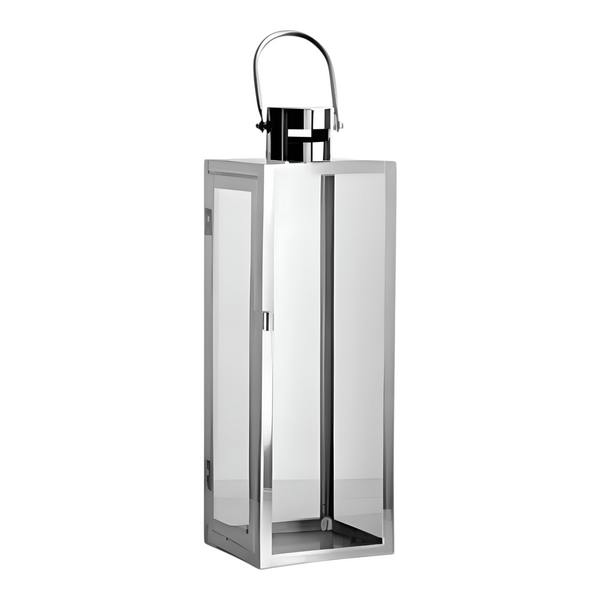 Set 2 Silver Stainless Steel Glass Hurricane Pillar Candle Holder Lanterns with Handles