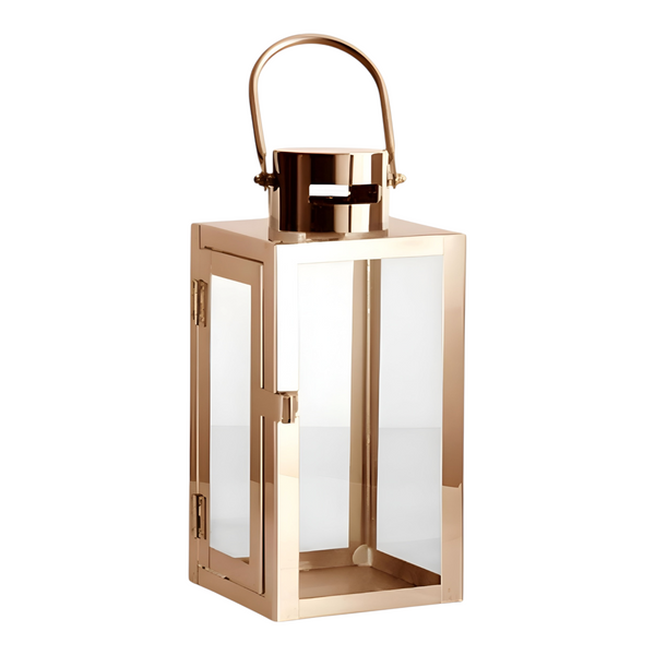Set 2 Rose Gold Stainless Steel Glass Hurricane Pillar Candle Holder Lanterns with Handles