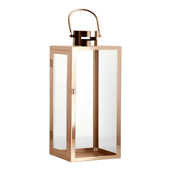 Set 2 Rose Gold Stainless Steel Glass Hurricane Pillar Candle Holder Lanterns with Handles