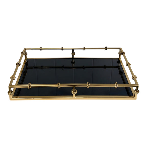 Large Gold Plated Rectangle Bamboo Decorative Deluxe Black Mirror Tray