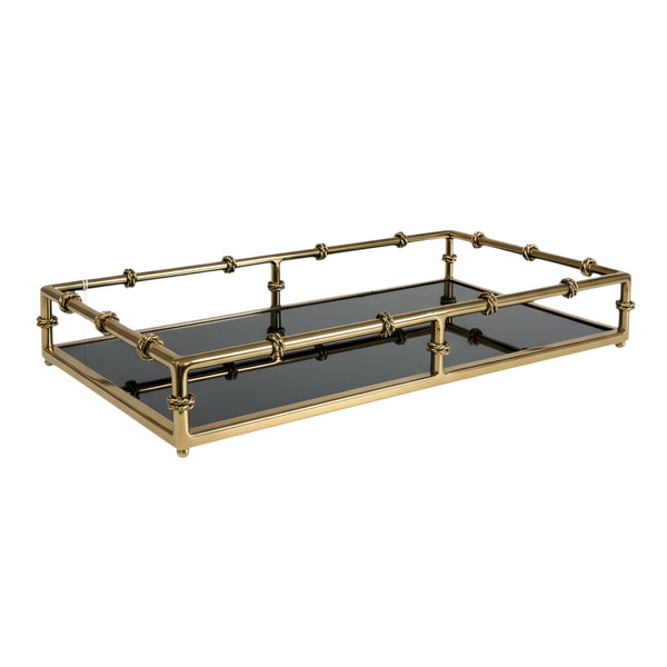 Large Gold Plated Rectangle Bamboo Decorative Deluxe Black Mirror Tray