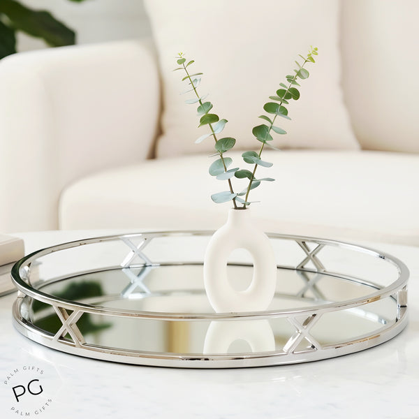 Silver Plated Round Decorative Deluxe X Mirror Tray