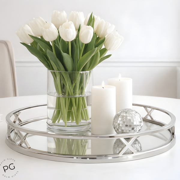 Silver Plated Round Decorative Deluxe X Mirror Tray