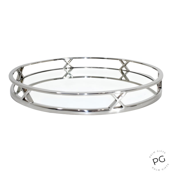 Silver Plated Round Decorative Deluxe X Mirror Tray