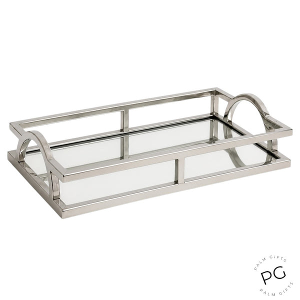 Silver Plated Rectangle Decorative Deluxe Vanity Mirror Tray with Arch Handles