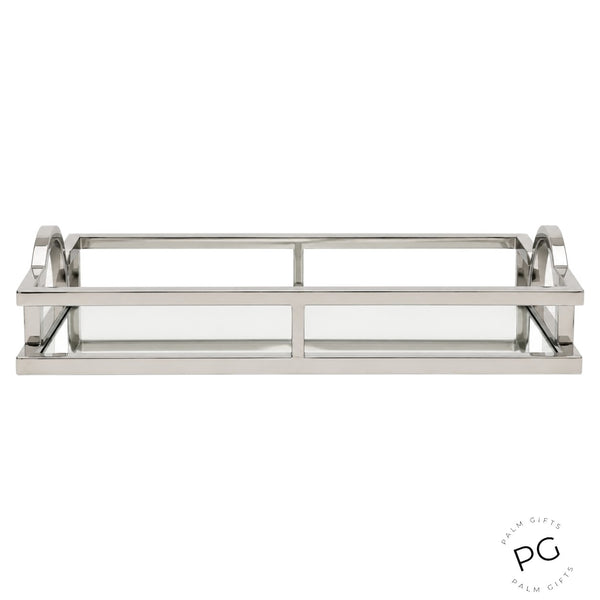 Silver Plated Rectangle Decorative Deluxe Vanity Mirror Tray with Arch Handles