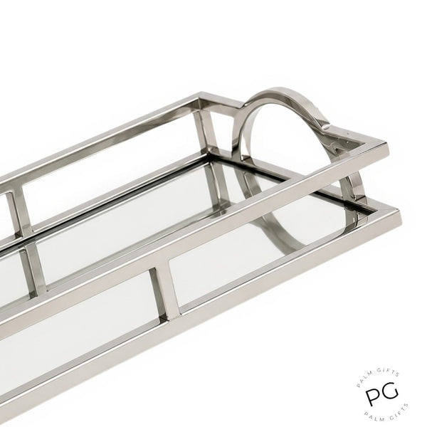 Silver Plated Rectangle Decorative Deluxe Vanity Mirror Tray with Arch Handles