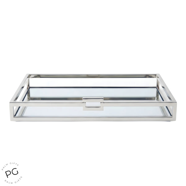 Large Silver Plated Rectangle Decorative Deluxe Single Buckle Mirror Tray