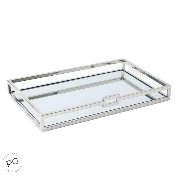 Large Silver Plated Rectangle Decorative Deluxe Single Buckle Mirror Tray