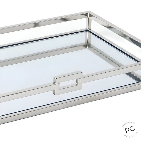 Large Silver Plated Rectangle Decorative Deluxe Single Buckle Mirror Tray