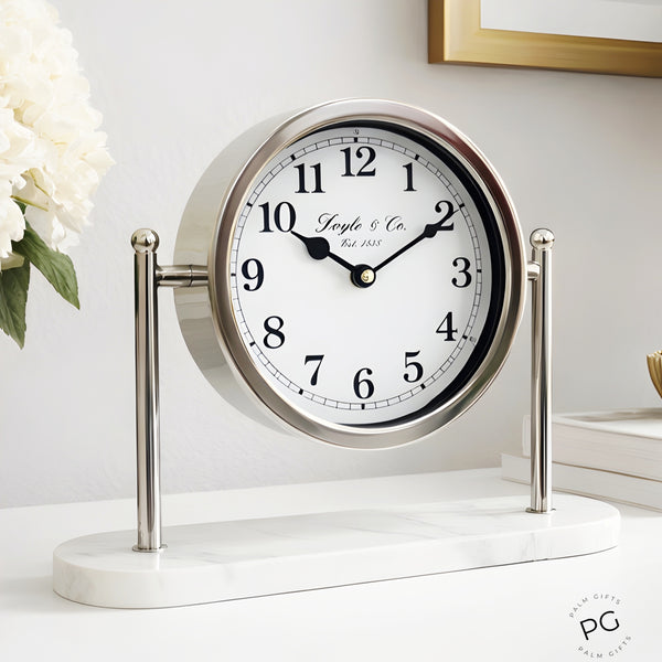 Silver Plated Round Doyle & Co Mantel Clock On White Marble Base