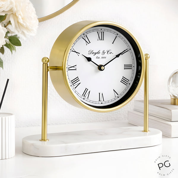 Gold Plated Round Doyle & Co Mantel Clock On White Marble Base