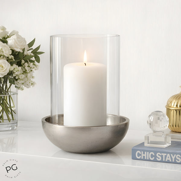 Large Round Silver Nickel Base & Glass Top Hurricane Pillar Candle Holder