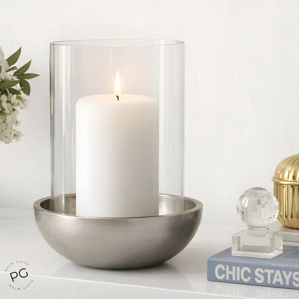 Large Round Silver Nickel Base & Glass Top Hurricane Pillar Candle Holder