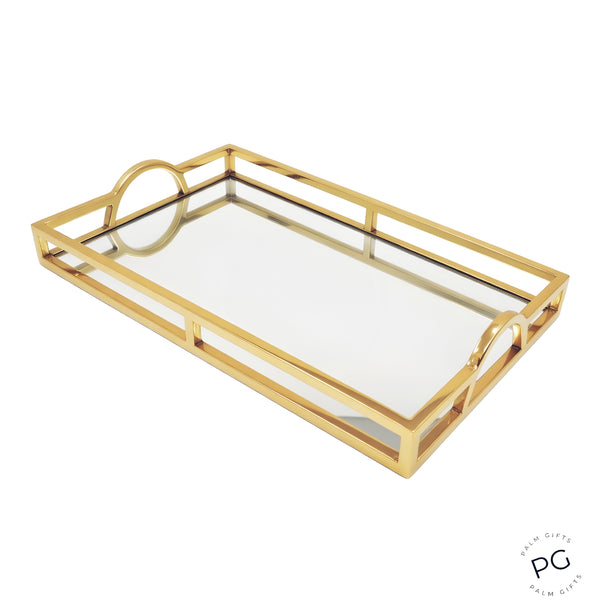 Gold Plated Rectangle Decorative Deluxe Mirror Tray with Arch Handles