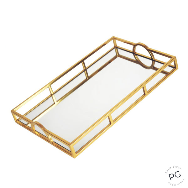 Large Gold Plated Rectangle Decorative Deluxe Mirror Tray with Arch Handles