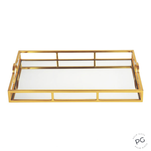 Large Gold Plated Rectangle Decorative Deluxe Mirror Tray with Arch Handles