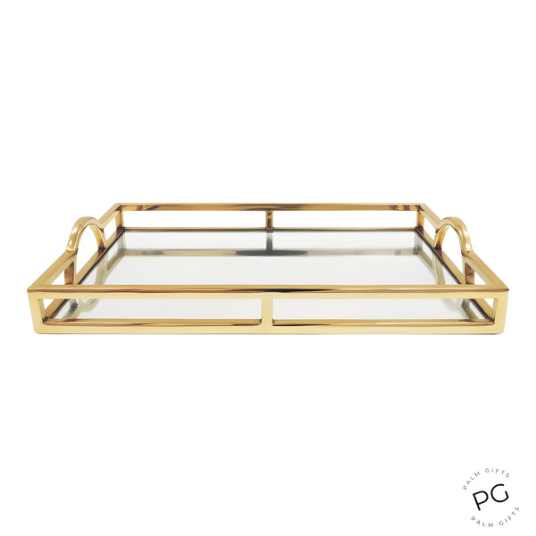Gold Plated Rectangle Decorative Deluxe Mirror Tray with Arch Handles