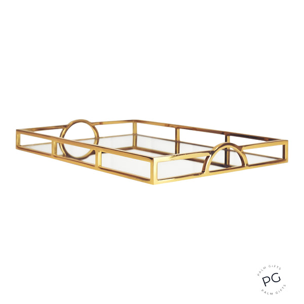 Large Gold Plated Rectangle Decorative Deluxe Mirror Tray with Arch Handles