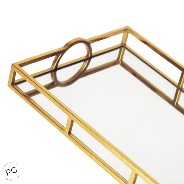 Large Gold Plated Rectangle Decorative Deluxe Mirror Tray with Arch Handles
