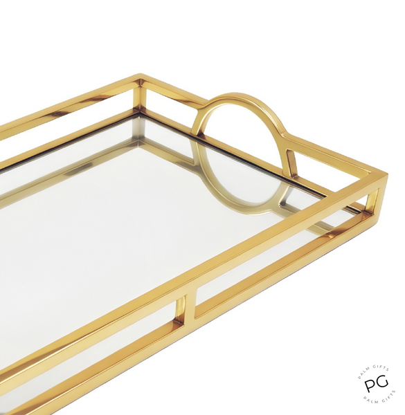 Gold Plated Rectangle Decorative Deluxe Mirror Tray with Arch Handles