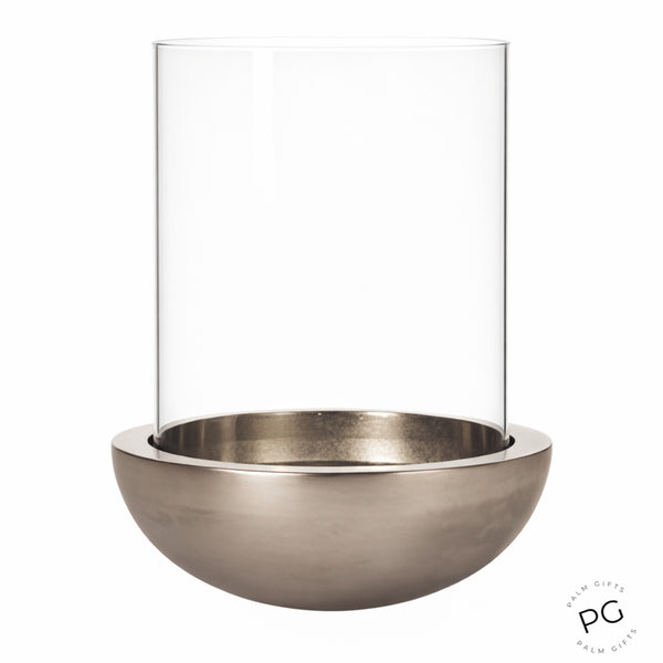 Large Round Silver Nickel Base & Glass Top Hurricane Pillar Candle Holder